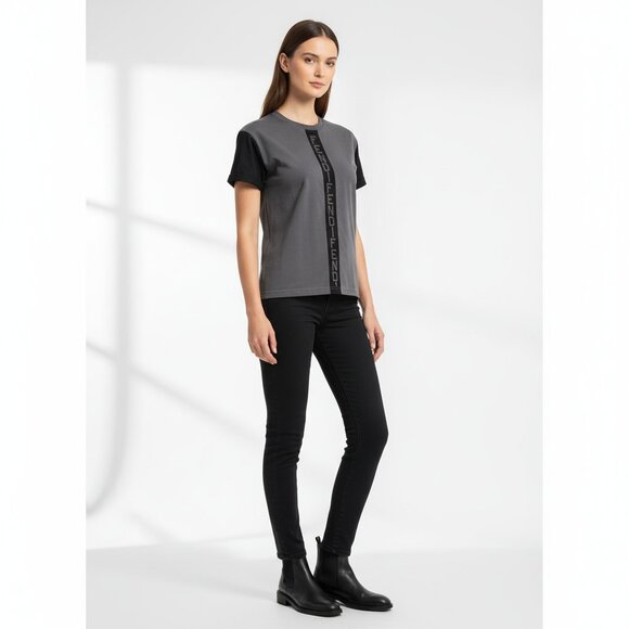 Fendi Jeans Logo Embroidery Crew Neck Short Sleeve T Shirt Black Gray Women L* - Picture 1 of 11